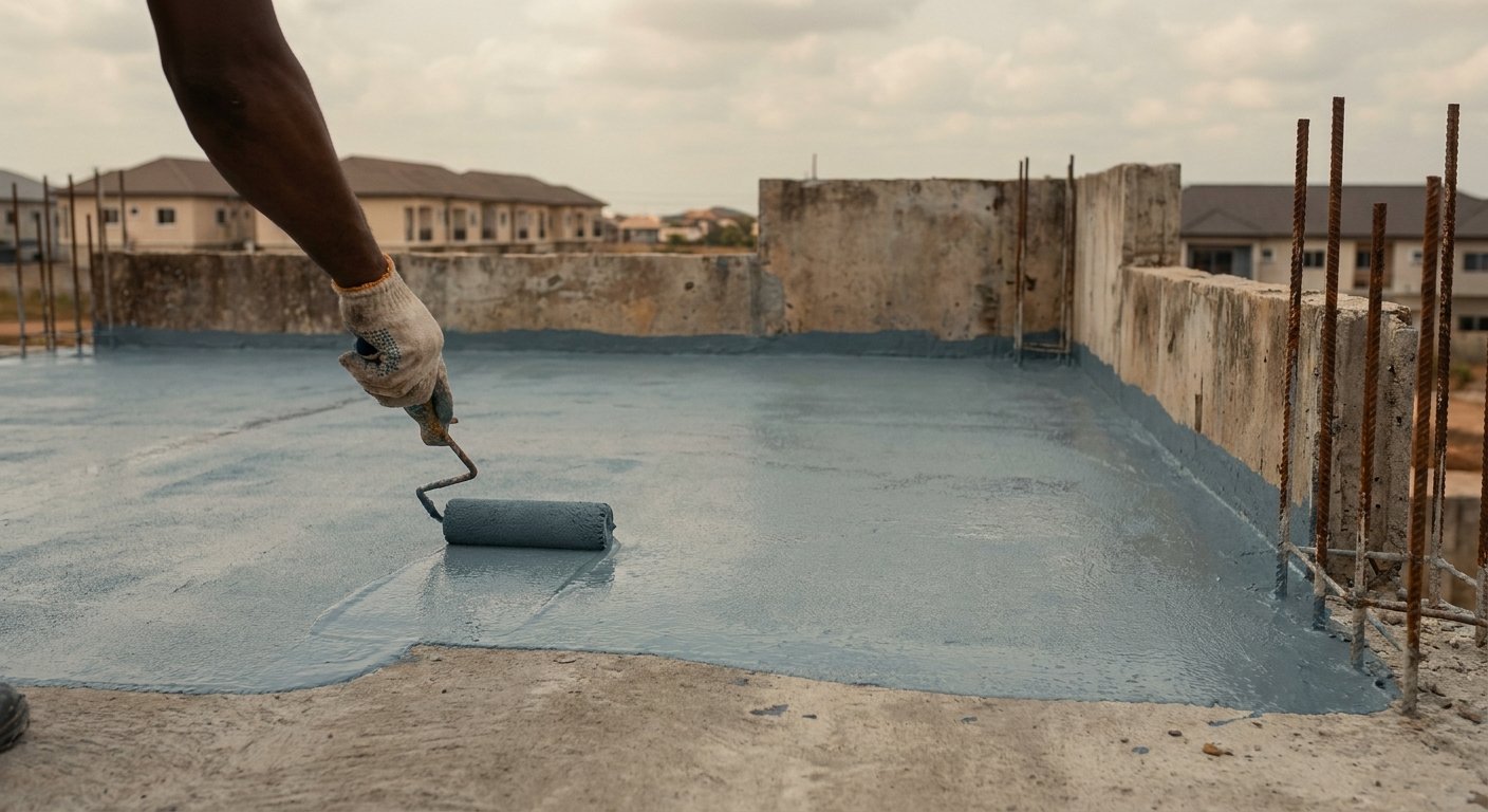 Liquid waterproofing membrane applied to a concrete rooftop on a housing development