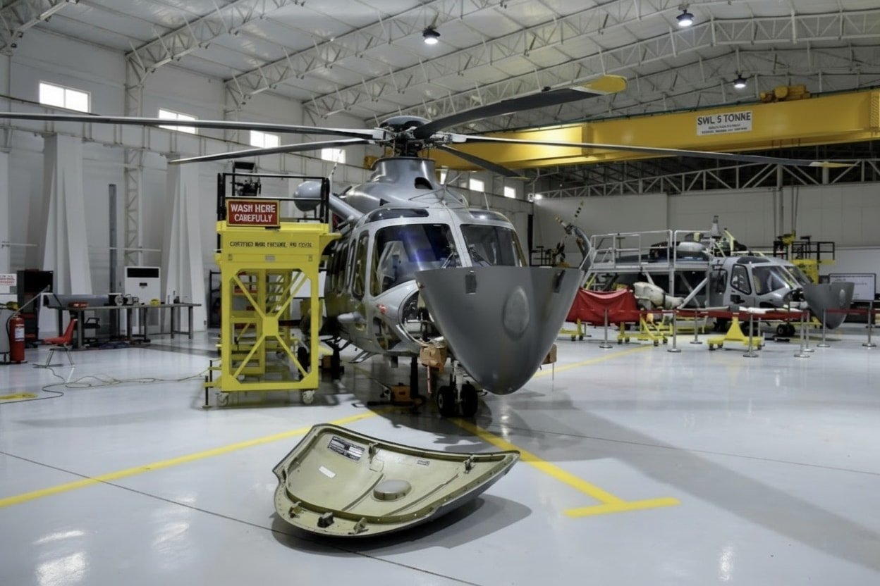 Helicopters under maintenance inside the SEED-built MRO hangar
