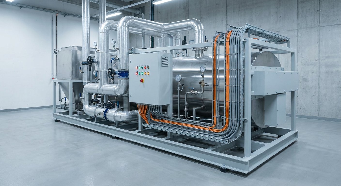 Installed integrated waste-conversion plant unit with insulated pipework and control panel
